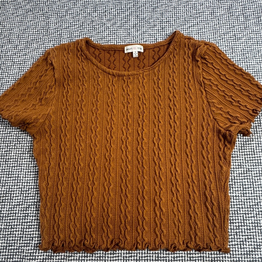 Heart & Hips Womens Rust Brown Cable Knit Lettuce Edge Crop Top Size M